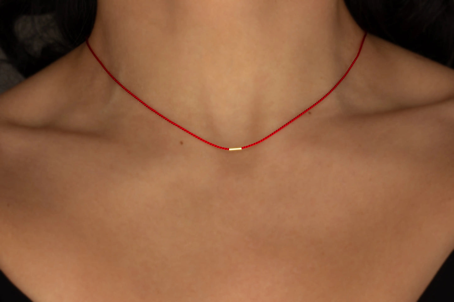 minimal red choker with gold bead