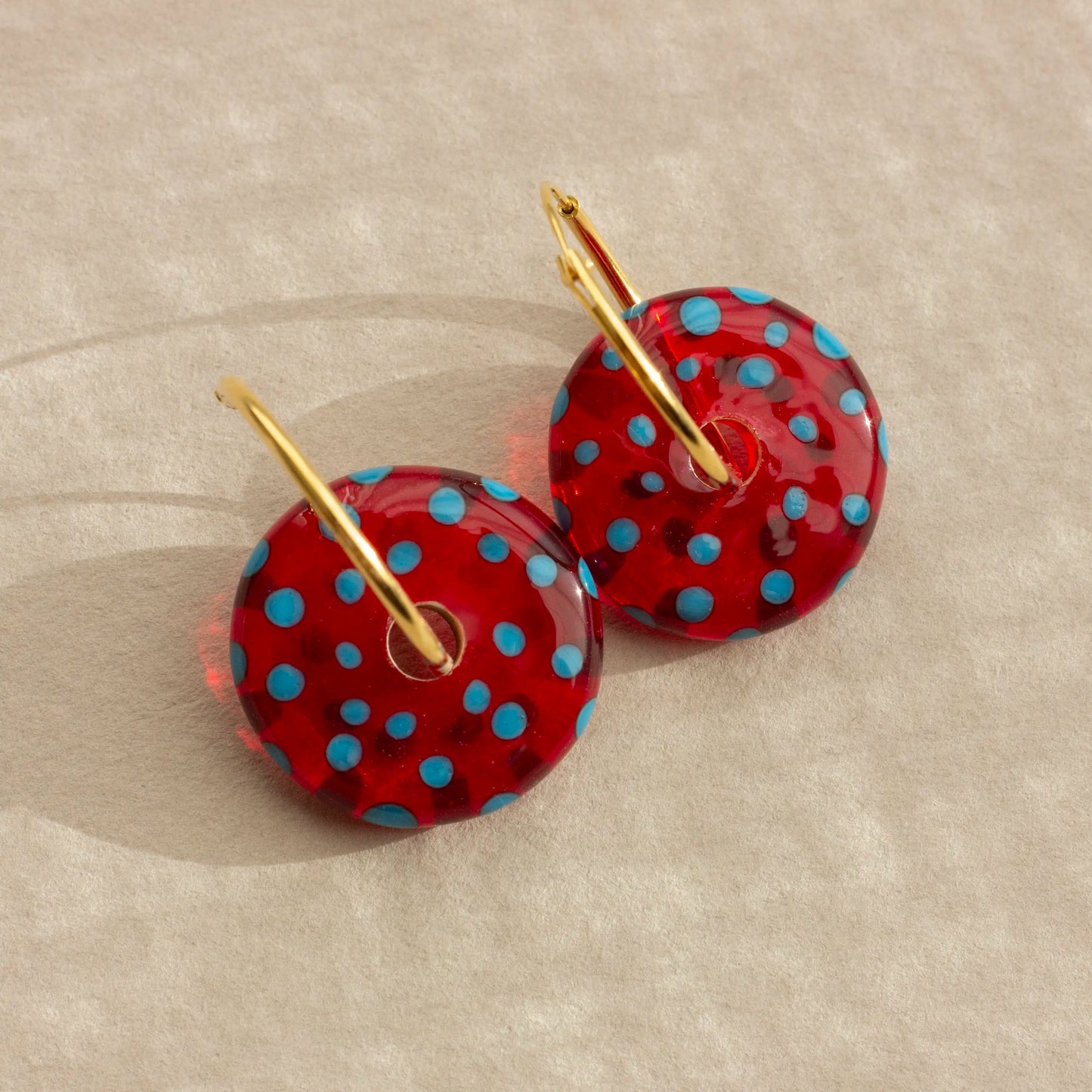 red blue polka dot Murano glass earring