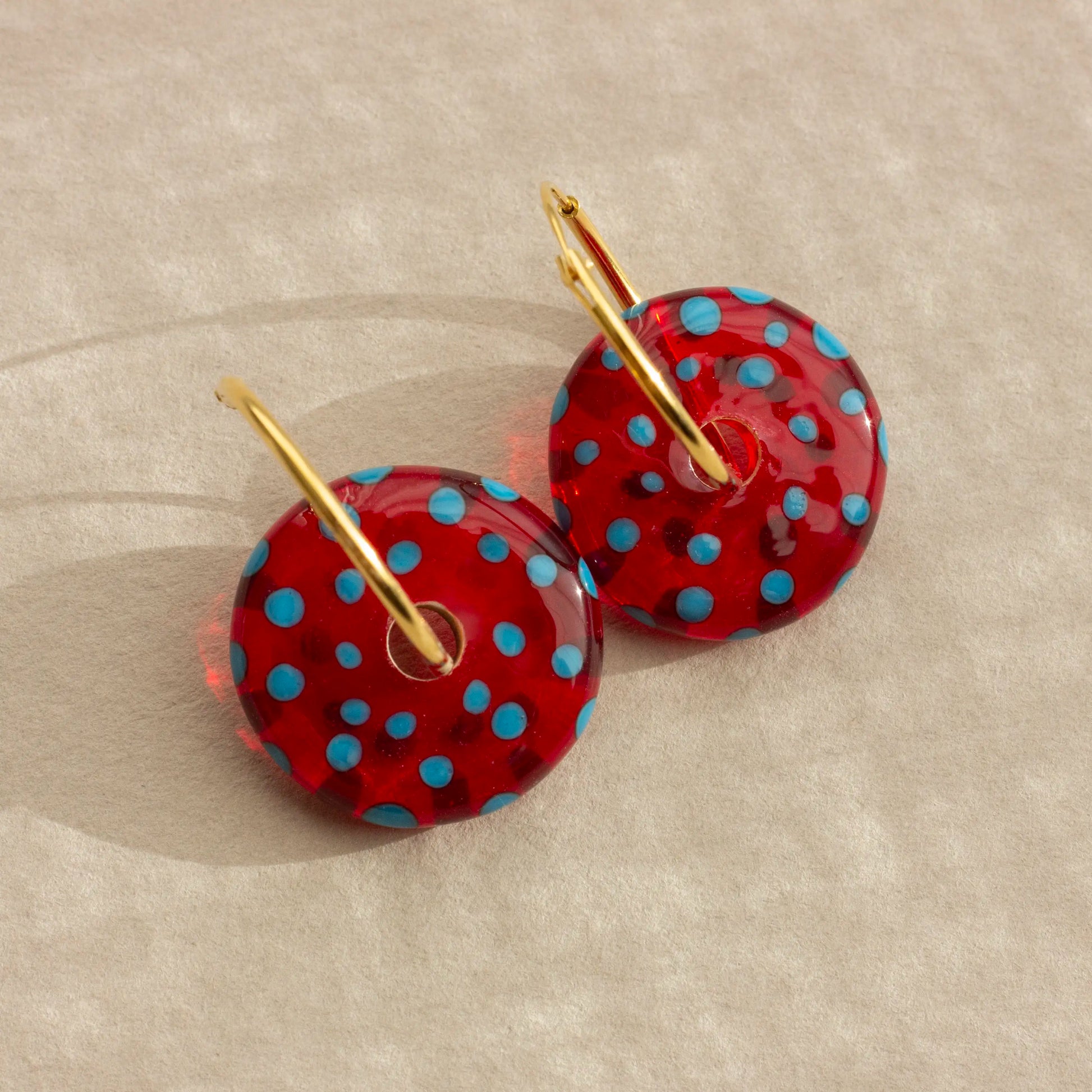red blue polka dot Murano glass earring